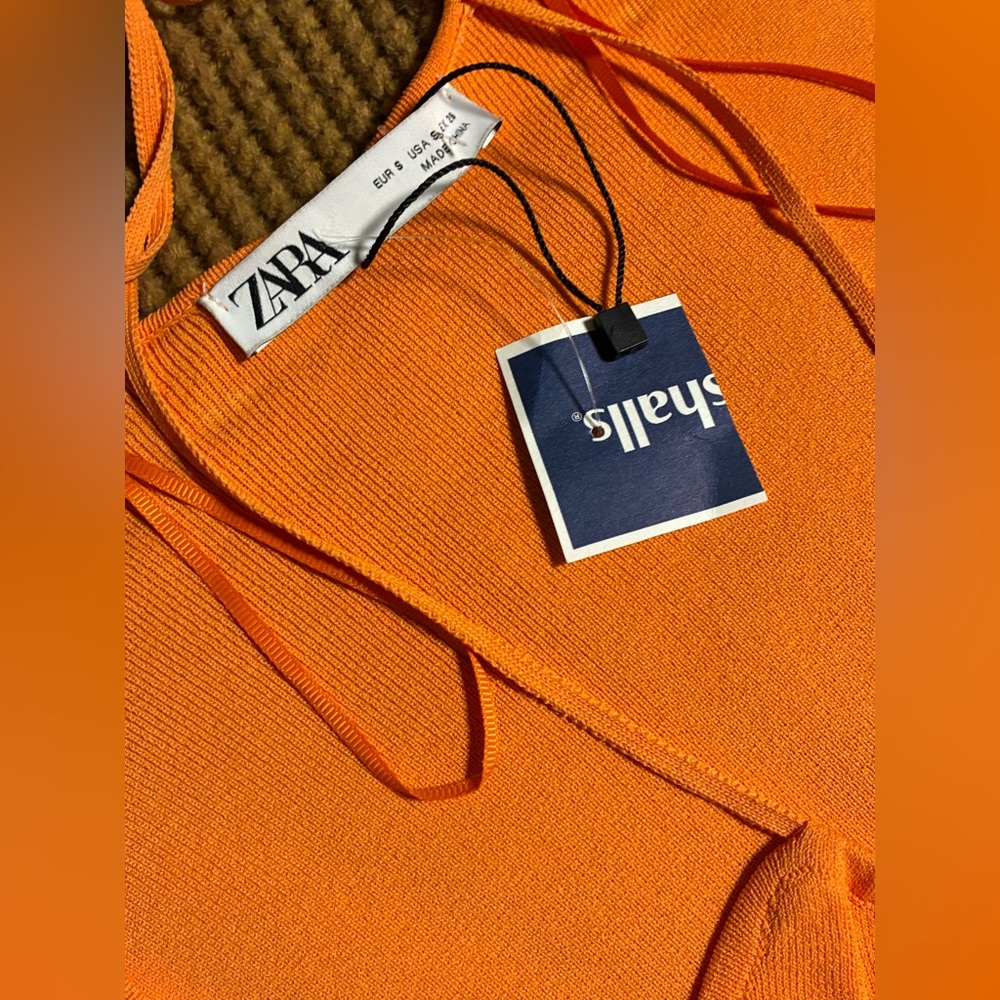 ZARA Knit Long Sleeve Tie-Front Bodysuit – vibrant bright Orange | Size S | NWT - Picture 10 of 11